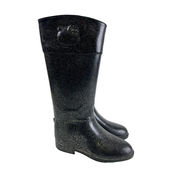 Hello Kitty Angelina Shimmer Rain Boots Black Glitter Pull On Knee High Womens 6 - Picture 1 of 16